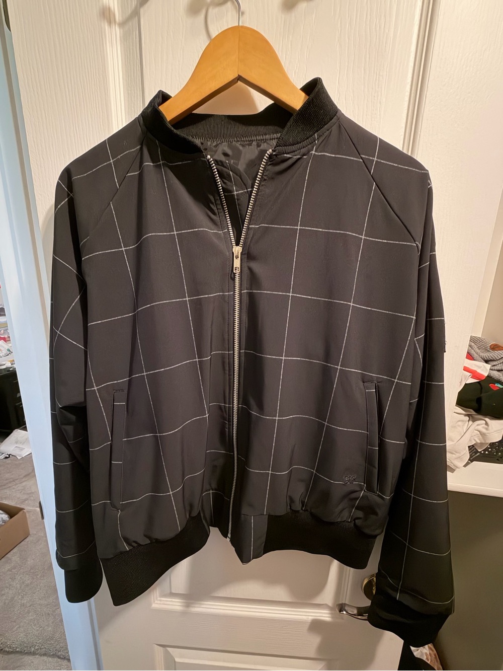 Albion Fit Casual Black Windowpane Zip Bomber Jacket L